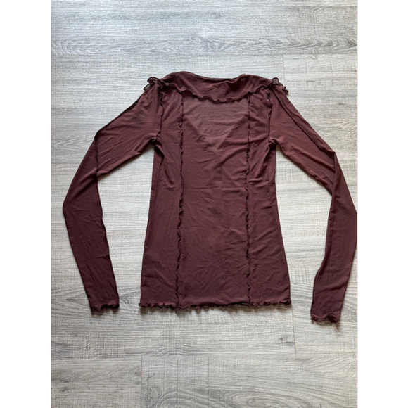 Urban Outfitters Sheer Lettuce Edge Blouse NWT Brown Slim Fit Size XS - Picture 2 of 4